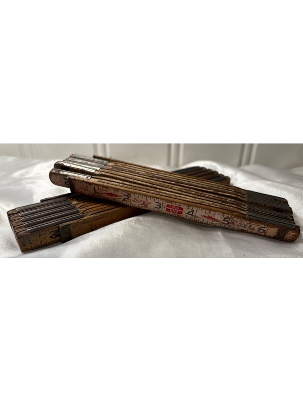 Lot of 2 Antique Vintage LUFKIN Tool Co. Wood Wooden Folding Tape Measures USA
